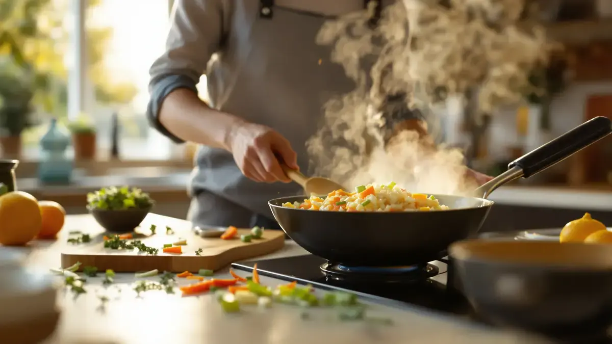 Gebakken rijst met wortel en prei in sojasaus is een gezonde en snelle optie voor het avondeten